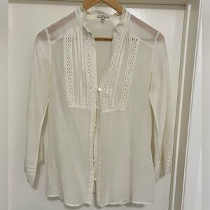 Joie Cream Bib Mandarin Collar Sheer Blouse